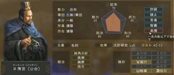 三国志14陈宫能力值一览 三国志14武将陈宫厉害吗