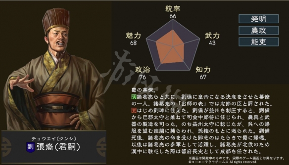 三国志14武将张裔技能介绍一览 武将张裔数据属性分析