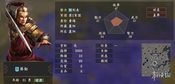 三国志14蔡勋五维属性怎么样 三国志14蔡勋个性战法介绍_网